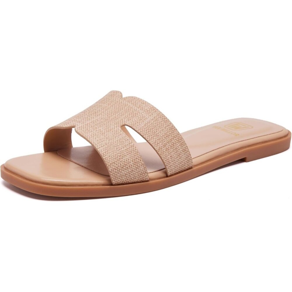 Women's Tan Square Slip On Open Toe Summer Beach Flat Slide Sandals